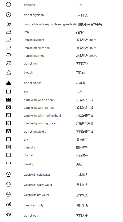 辨认服装洗涤符号说明